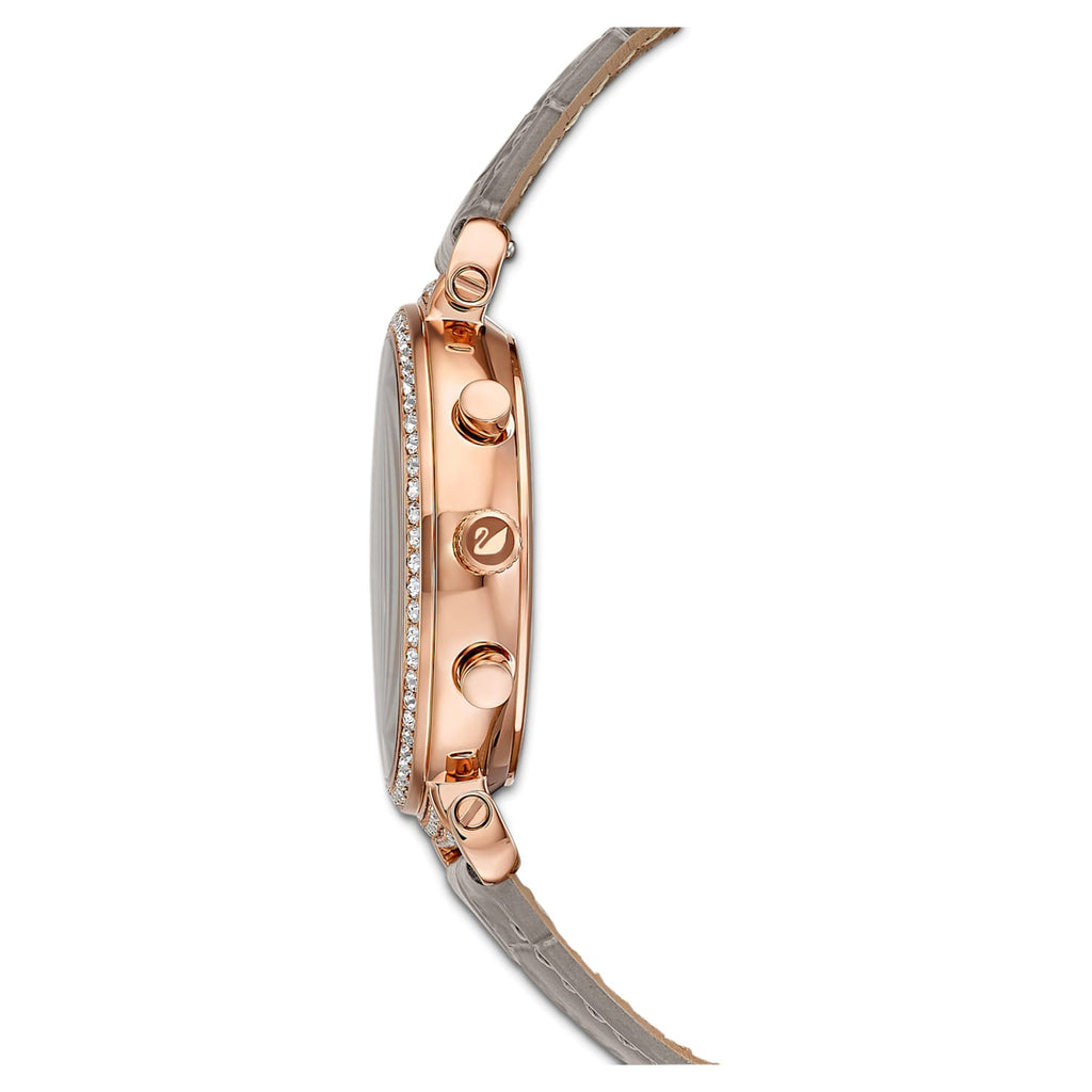 Swarovski Passage Chrono watch side profile showing rose gold-tone case and gray leather strap