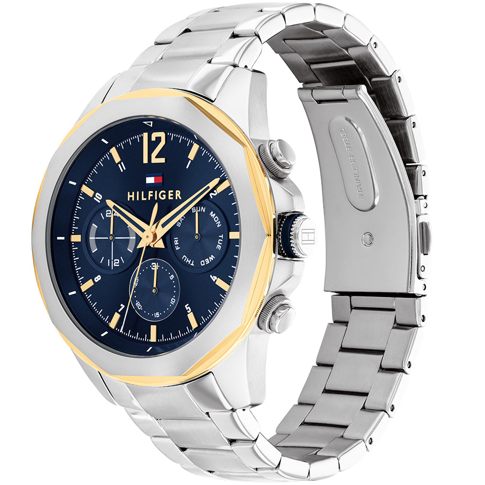 Front and side view of Tommy Hilfiger watch with chronograph subdials and metal bracelet