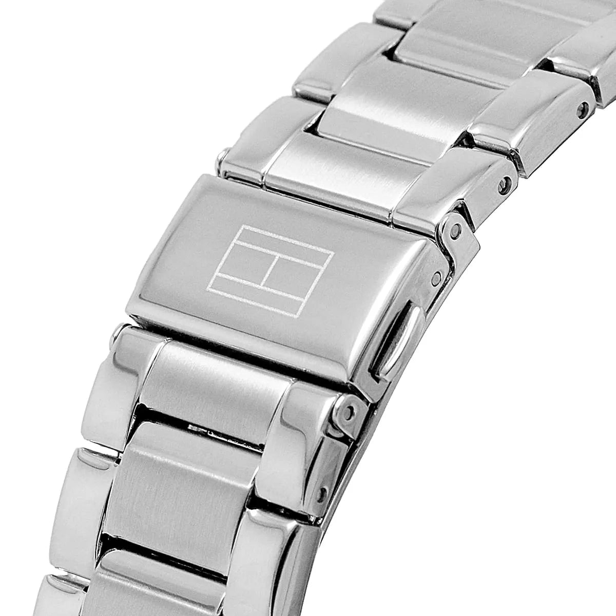 Close-up of stainless steel metal bracelet links and fastening mechanism