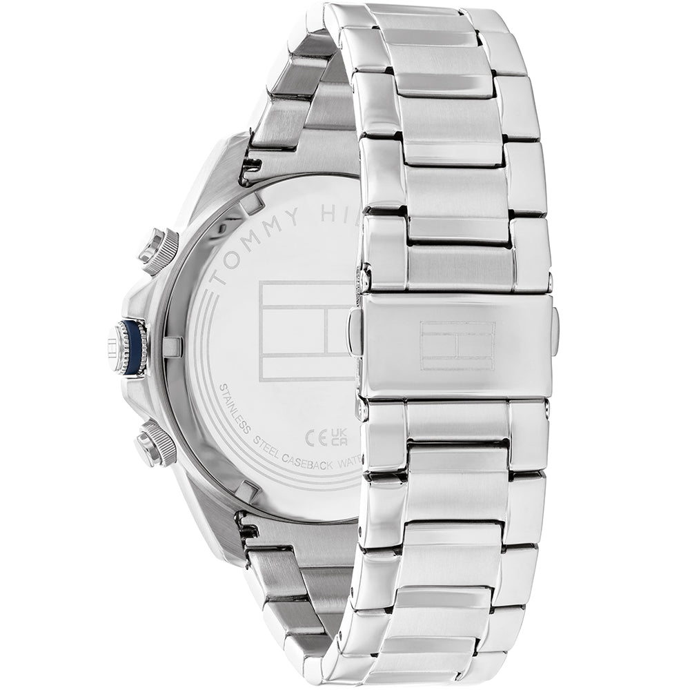 Silver stainless steel link bracelet with deployment clasp and watch lugs