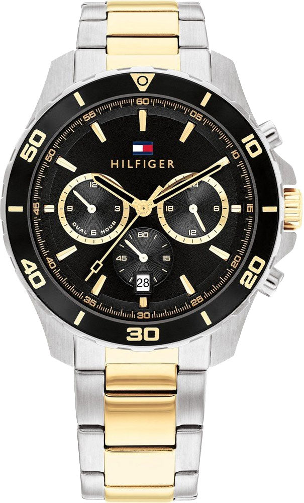 Tommy Hilfiger 1792095 two-tone steel chronograph watch with black dial and gold accents
