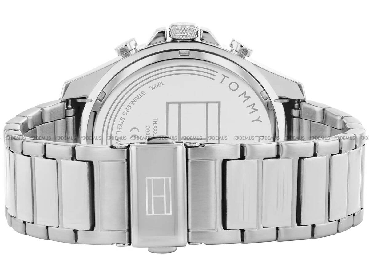 Case back of Tommy Hilfiger Clark watch with silver steel bracelet and buckle