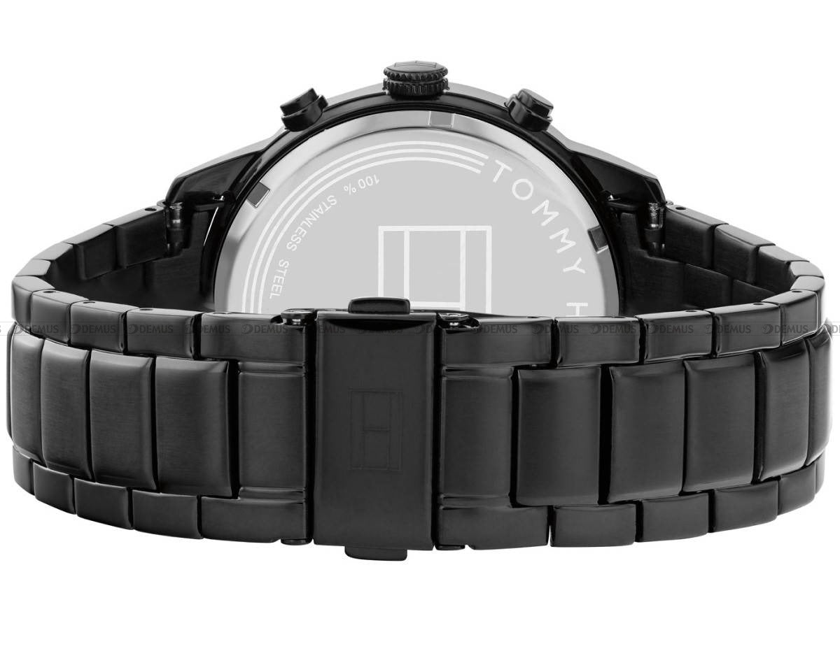 Tommy Hilfiger Jimmy watch caseback with black stainless steel bracelet attached