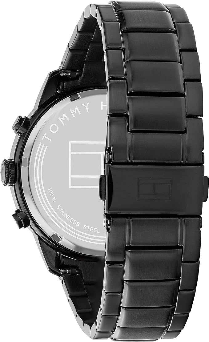 Tommy Hilfiger Jimmy watch caseback showing stainless steel metal bracelet