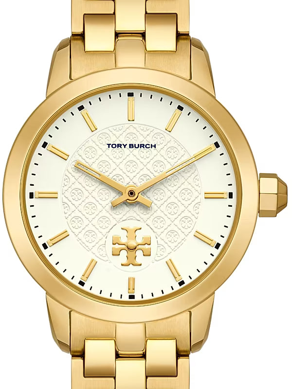 Tory Burch TBW1053 dial close-up with beige pattern and gold baton markers