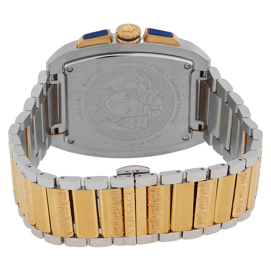 Caseback view of Versace Dominus watch displaying engraved Medusa logo and two-tone bracelet
