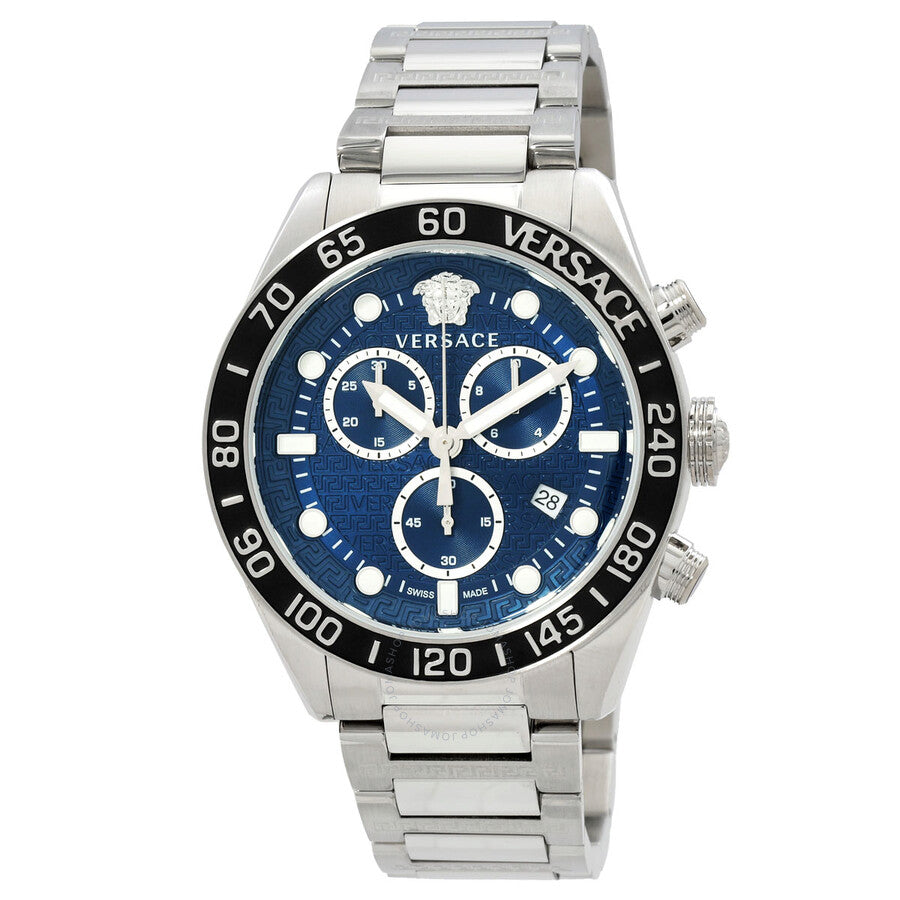 Versace Greca Dome Swiss Made Chronograph Blue Dial Silver Watch - VE6K00323
