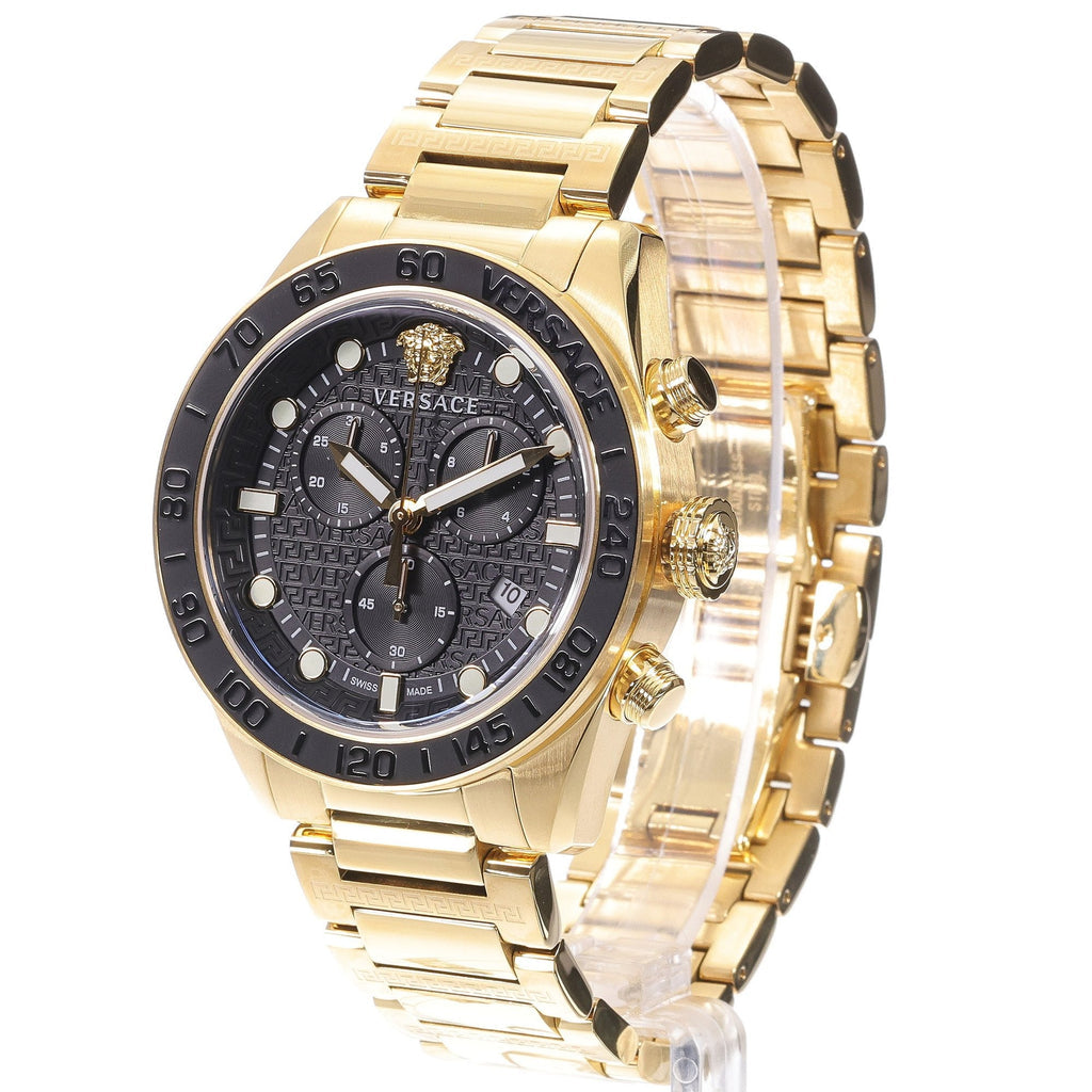 Versace Greca Dome chronograph watch with black dial and gold bracelet, three-quarter angle view
