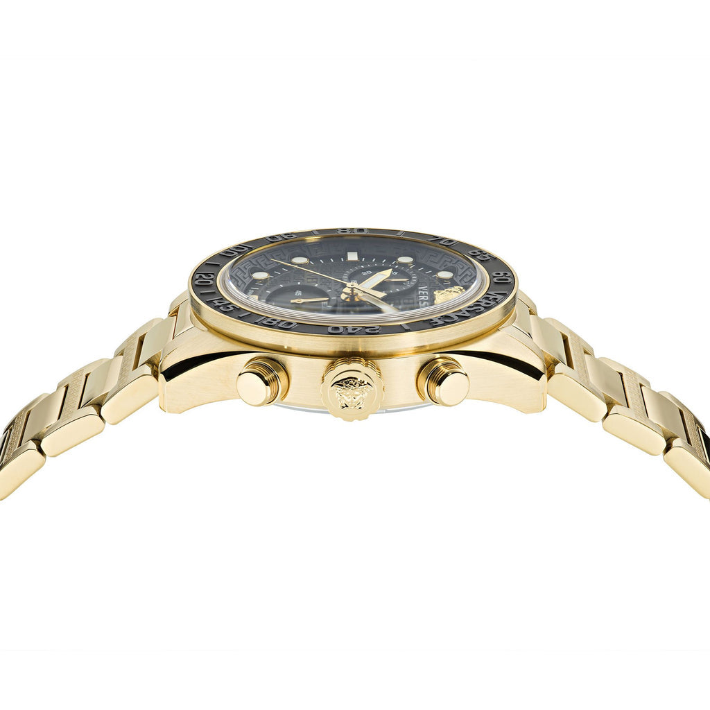 Versace Greca Dome watch side profile showing gold case thickness and bracelet links