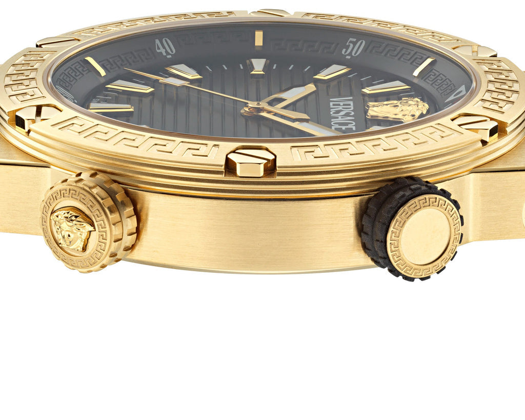 Versace Greca Logo DIVER Black Dial Black Strap Swiss Movt Gold Watch - VE8G00324