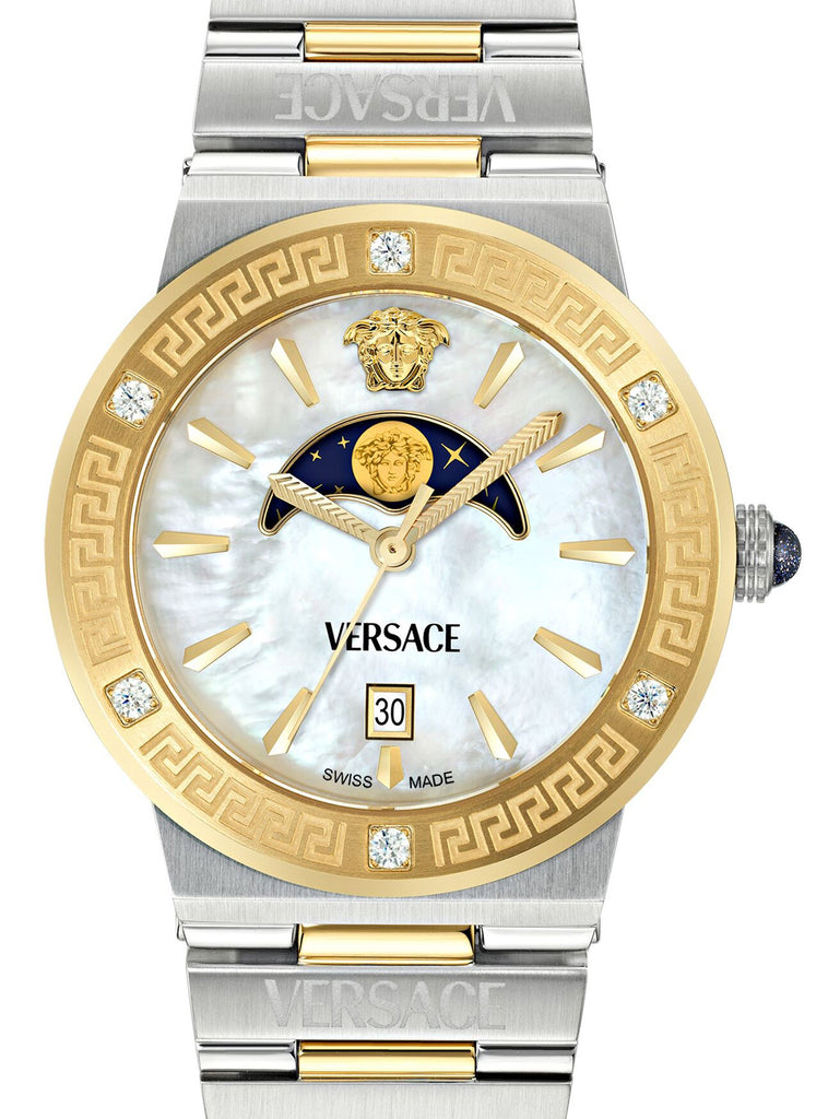 Versace Greca Logo Mother of Pearl Two-Tone Swiss Moonphase Watch - VE7G00524