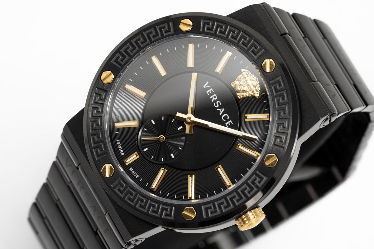 Versace Greca Logo-VI watch angled view showing black dial with subdial and Greca bezel