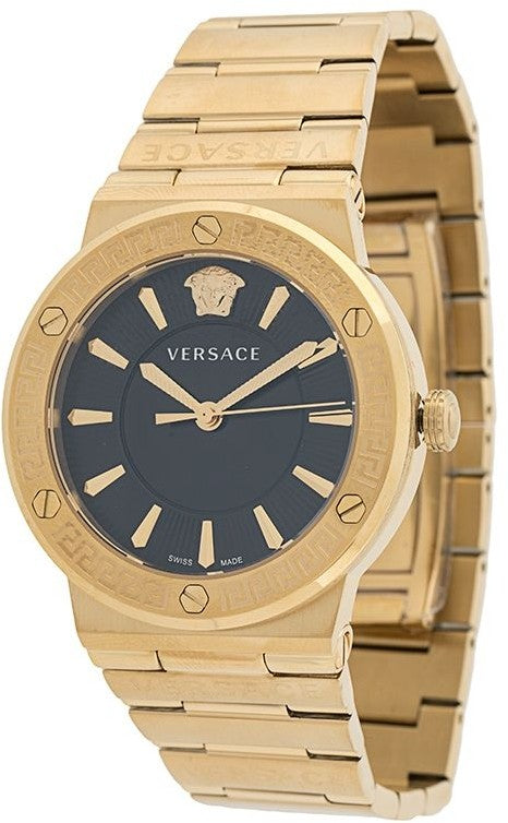 Versace Greca watch angled view displaying black dial and gold-tone case