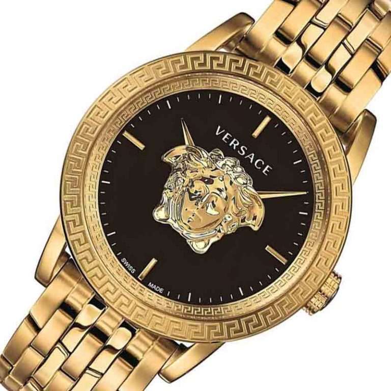 Versace Palazzo Empire watch angled view showing Greek key bezel and gold-tone bracelet