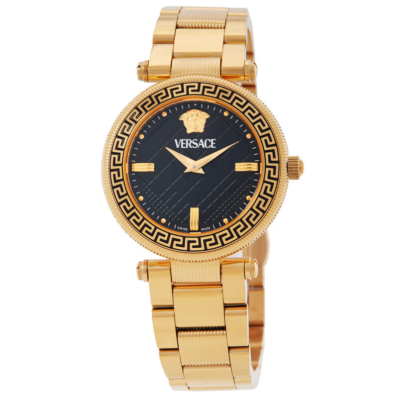 Gold Versace watch with black face on a white background
