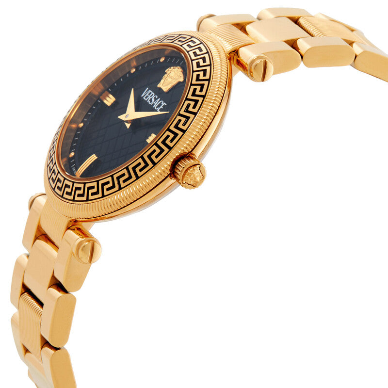 A Versace gold-tone metal bracelet watch with a dark blue dial, featuring the brand's signature Greek key pattern bezel and Medusa logo.