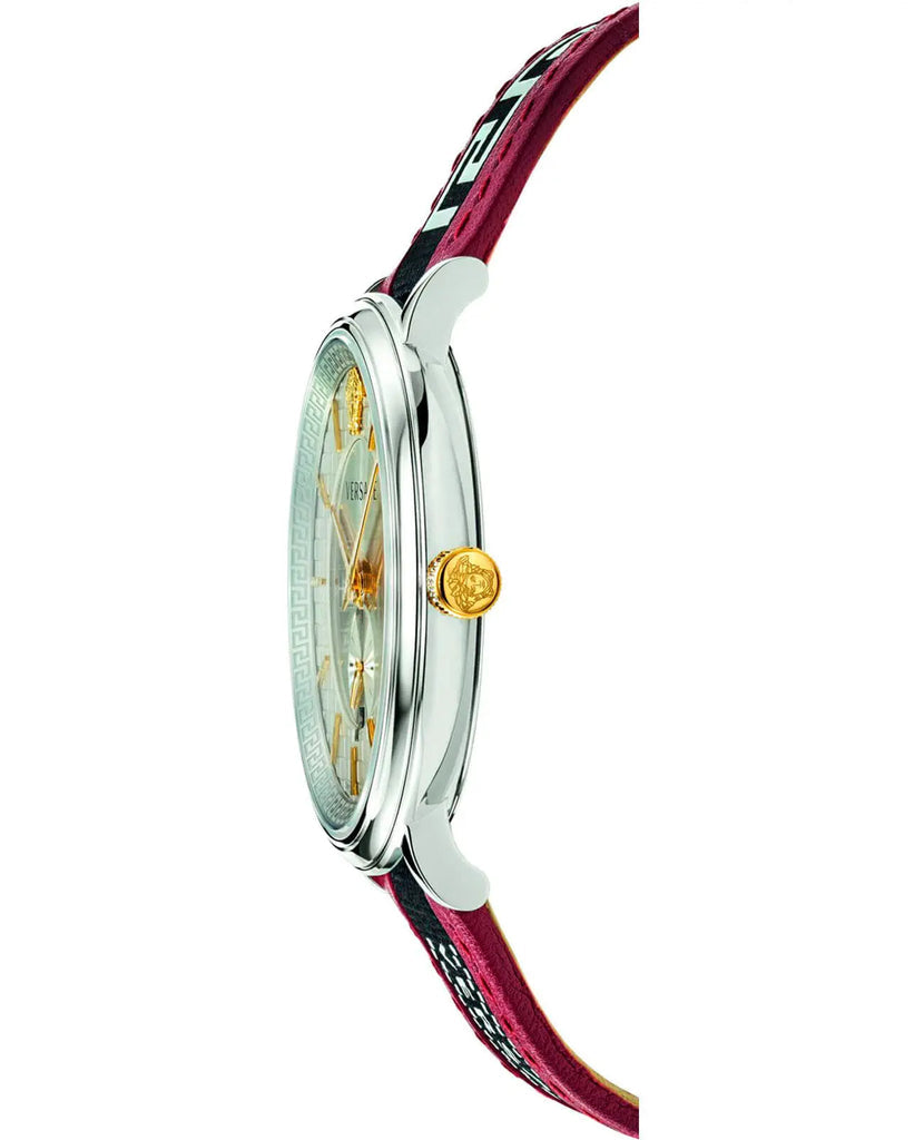 Versace V Circle Silver Dial Two-Tone Leather Strap Swiss Movt Watch - VEBQ01319