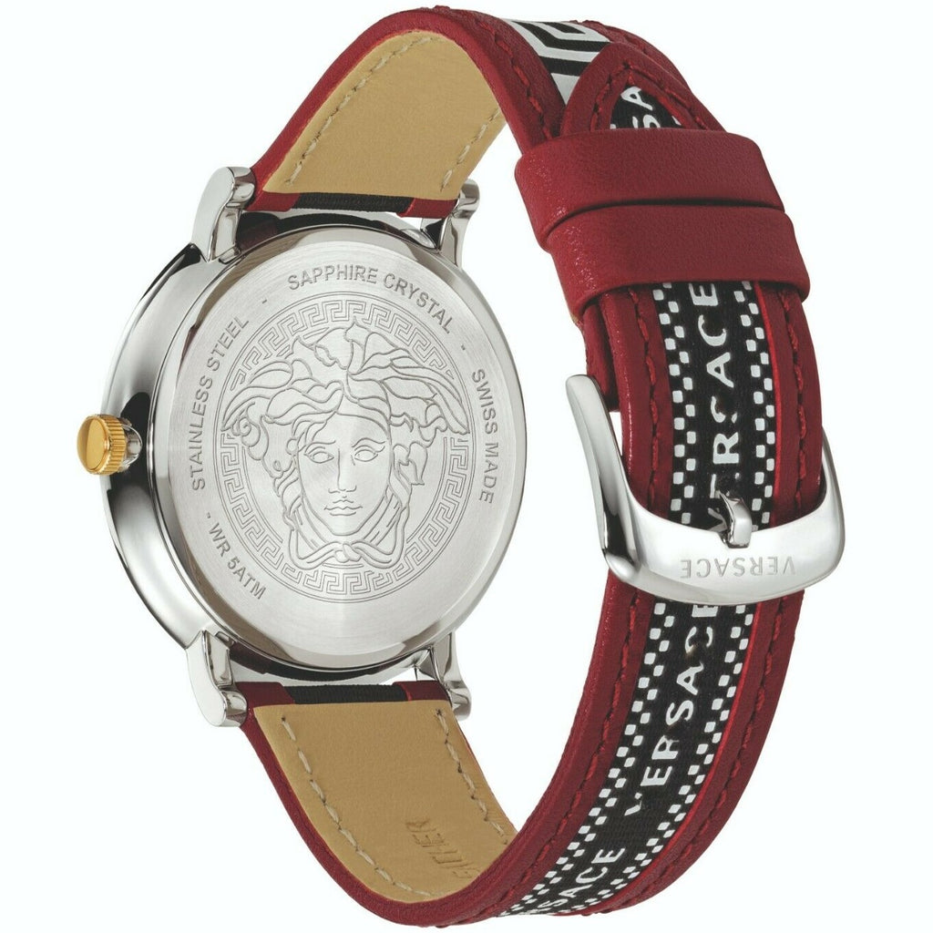 Versace V Circle Silver Dial Two-Tone Leather Strap Swiss Movt Watch - VEBQ01319