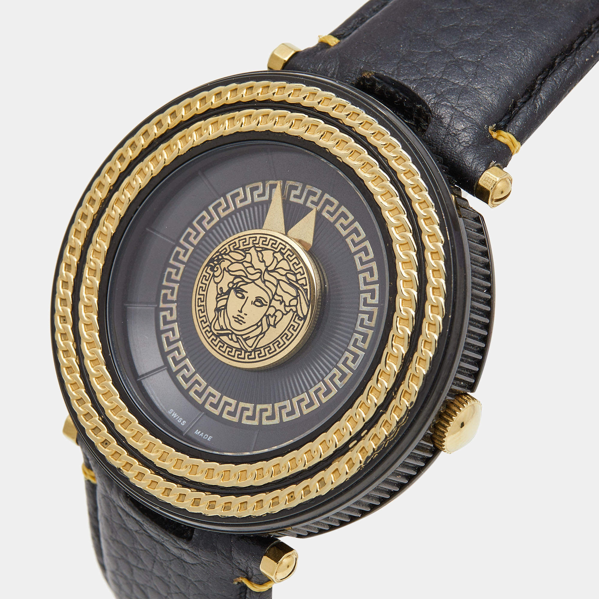 Versace V-Metal Icon Round Black Leather Strap Men's Watch - VQL030015