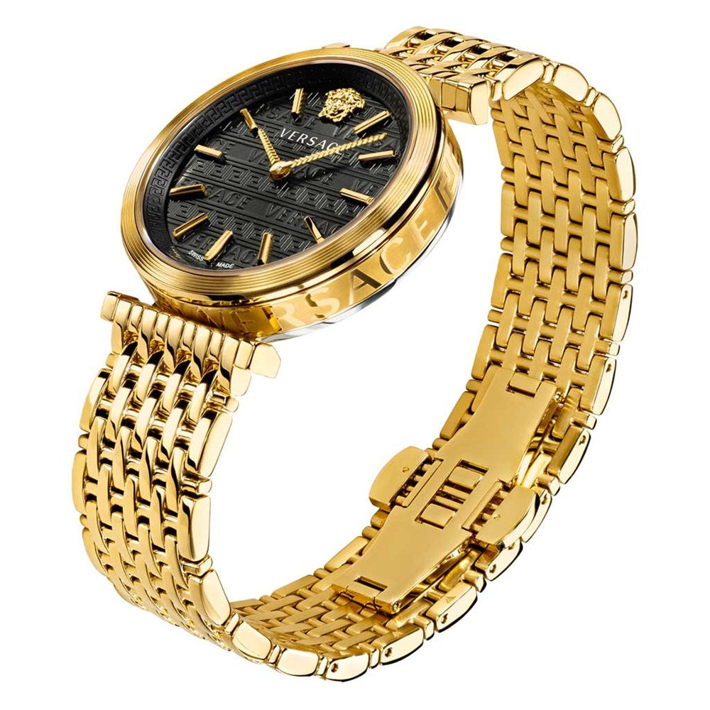 Versace V-Twist watch angled view showing black dial, gold case, and mesh bracelet