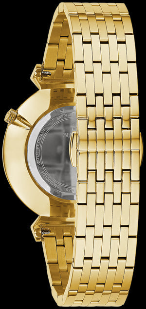 Versace V-Twist watch side profile showing gold-tone case and mesh bracelet